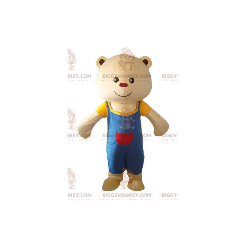 BIGGYMONKEY™ maskotkostume Stor beige bamse med blå overalls - Bjørn maskot - BIGGYMONKEY_02556 - BiggyMonkey.com