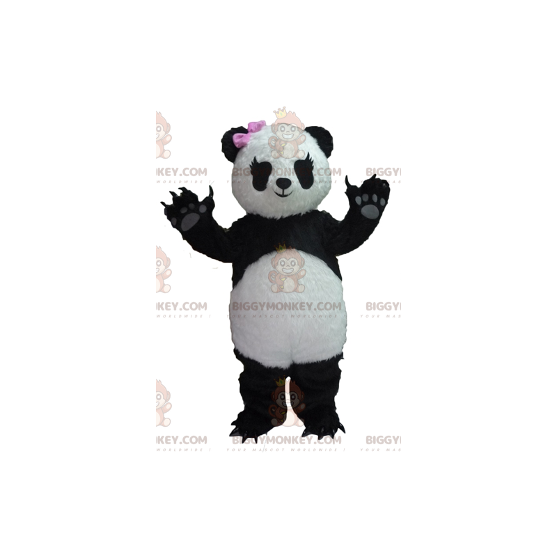 BIGGYMONKEY™ Maskottchenkostüm Schwarz-weißer Panda mit rosa