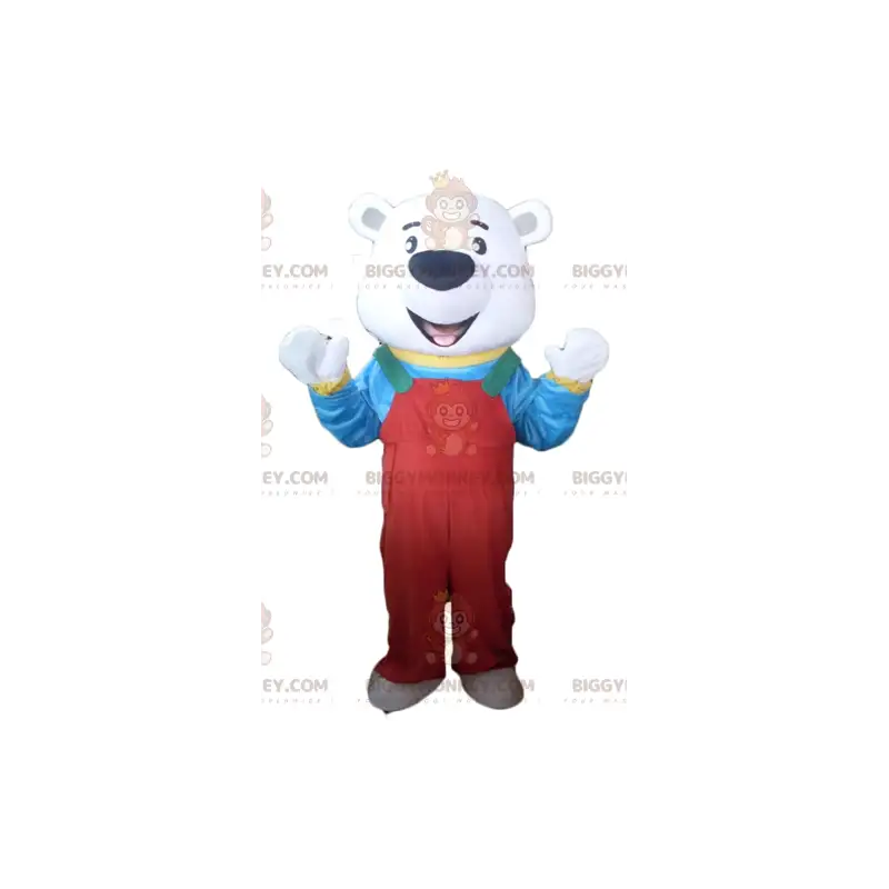 Isbjörn BIGGYMONKEY™ maskotdräkt med röd overall och t-shirt - Isbjörn BIGGYMONKEY™ maskotdräkt med röd overall och t-shirt -