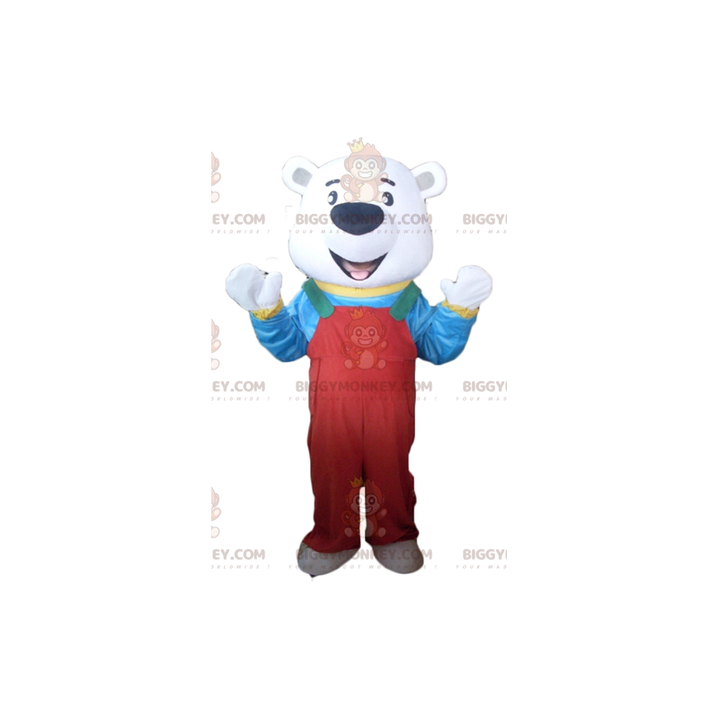 Polar bear BIGGYMONKEY™ mascot costume with red overalls and Polar bear BIGGYMONKEY™ mascot costume with red overalls and