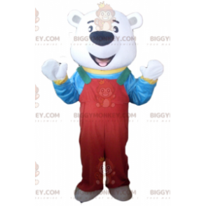 Jääkarhu BIGGYMONKEY™ maskottiasu punaisilla haalareilla ja t-paidalla - Karhun maskotti - BIGGYMONKEY_02573 - BiggyMonkey.com
