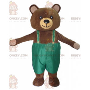 BIGGYMONKEY™ Maskotdräkt Stor brun nallebjörn med grön overall - Bärmaskot - BIGGYMONKEY_02581 - BiggyMonkey.com
