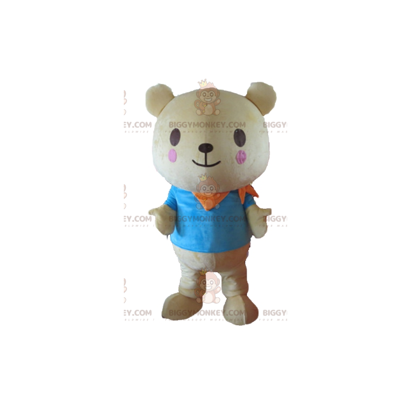 BIGGYMONKEY™ mascot costume of big beige teddy bear with a blue BIGGYMONKEY™ mascot costume of big beige teddy bear with a blue