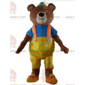 Καφέ αρκούδα BIGGYMONKEY™ μασκότ με κίτρινη φόρμα και μπλουζάκι