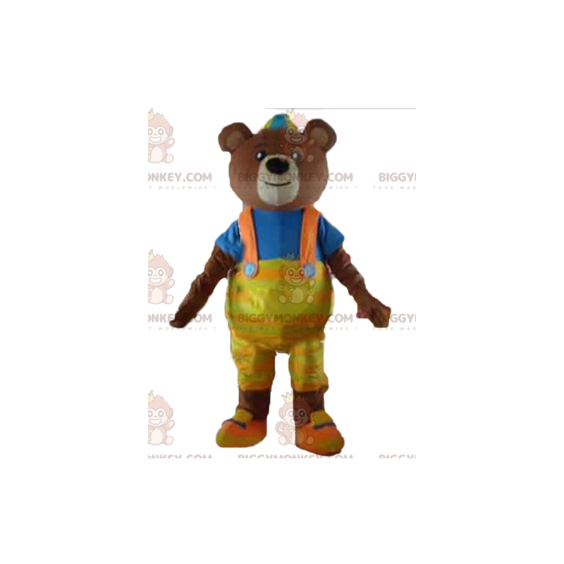 Brun björn BIGGYMONKEY™ maskotdräkt med gul overall och t-shirt Brun björn BIGGYMONKEY™ maskotdräkt med gul overall och t-shirt