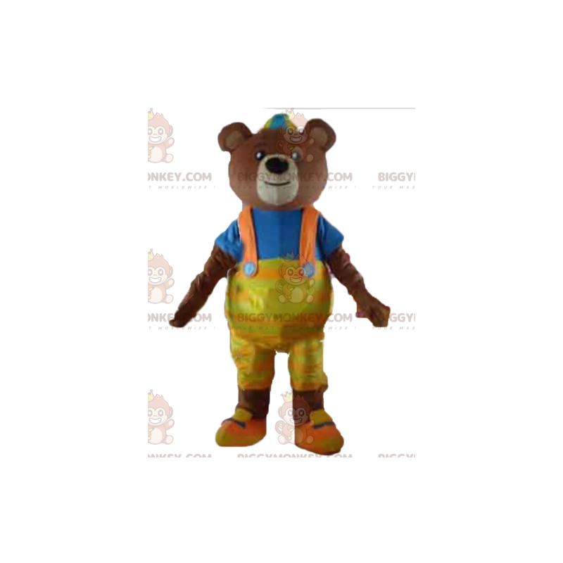 Ruskea karhu BIGGYMONKEY™ maskottiasu keltaisilla haalareilla