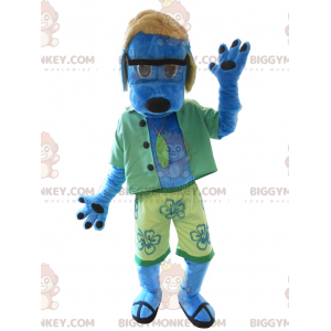 Blauer Hund BIGGYMONKEY™ Maskottchenkostüm in Grün gekleidet