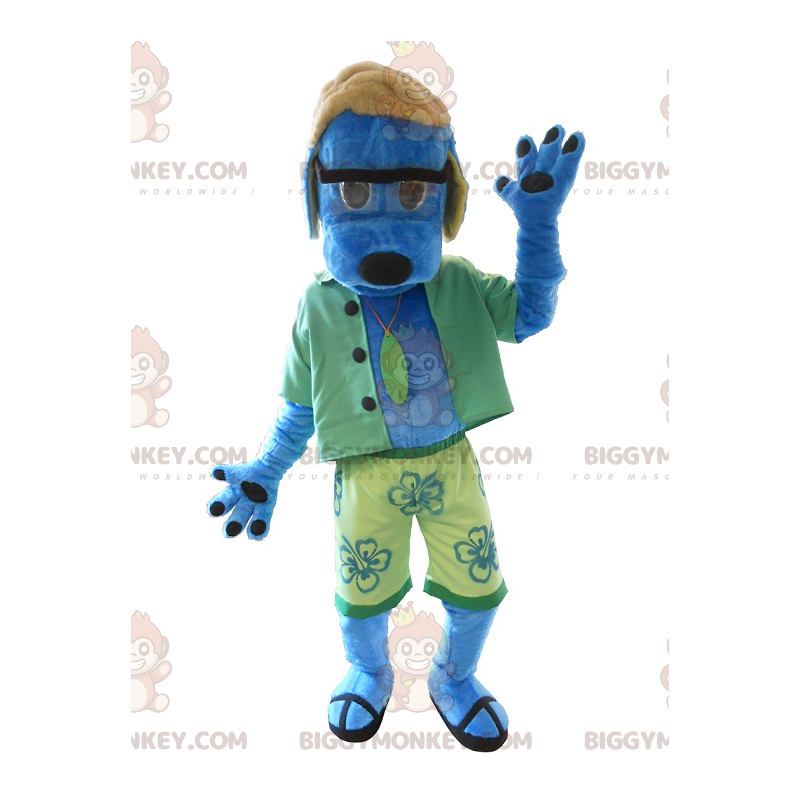 Blå hund BIGGYMONKEY™ maskotkostume klædt i grønt - Blå hund BIGGYMONKEY™ maskotkostume klædt i grønt -
