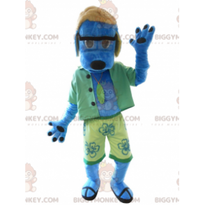 Blauer Hund BIGGYMONKEY™ Maskottchenkostüm in Grün gekleidet -