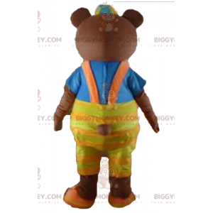 Traje de mascote de urso pardo BIGGYMONKEY™ com macacão amarelo