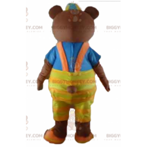 Ruskea karhu BIGGYMONKEY™ maskottiasu keltaisilla haalareilla ja t-paidalla - Karhun maskotti - BiggyMonkey.com