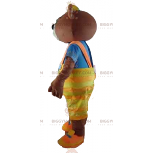 Brun björn BIGGYMONKEY™ maskotdräkt med gul overall och t-shirt