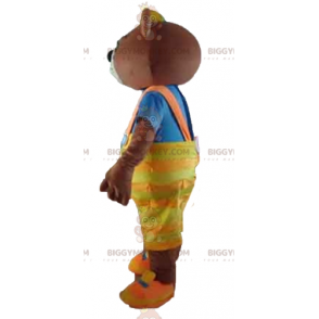 Brun björn BIGGYMONKEY™ maskotdräkt med gul overall och t-shirt