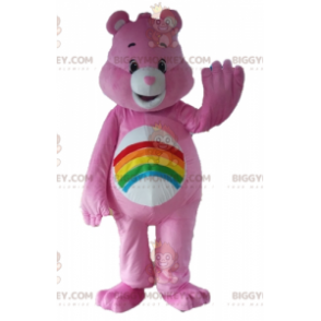 Pink Care Bear BIGGYMONKEY™ maskotdräkt med regnbåge på magen -