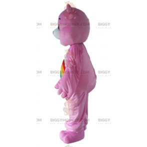 Pink Care Bear BIGGYMONKEY™ maskotdräkt med regnbåge på magen -