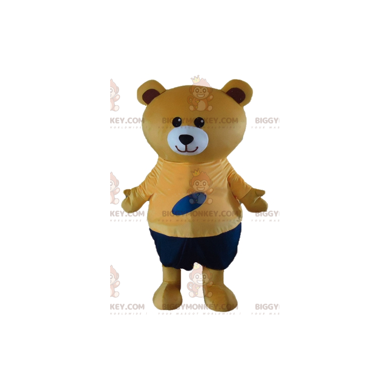 BIGGYMONKEY™ Mascot Costume Big Beige Teddy in Orange and Blue BIGGYMONKEY™ Mascot Costume Big Beige Teddy in Orange and Blue