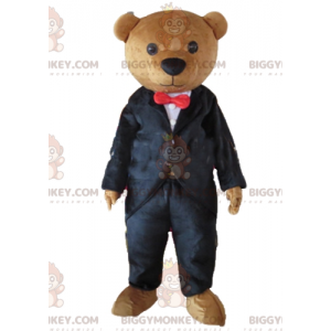 Brun nallebjörn BIGGYMONKEY™ maskotdräkt klädd i svart kostym -