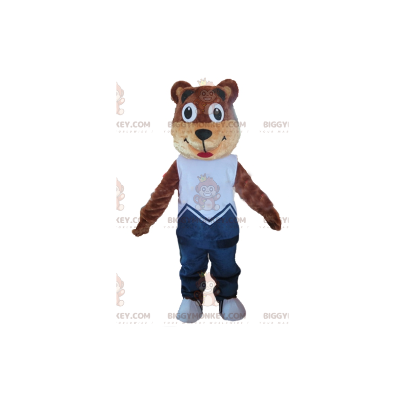 BIGGYMONKEY™ mascottekostuum bruin en beige teddybeer in blauwe BIGGYMONKEY™ mascottekostuum bruin en beige teddybeer in blauwe