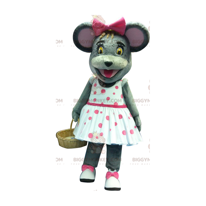 Costume da mascotte BIGGYMONKEY™ topo grigio con abito a pois - Costume da mascotte BIGGYMONKEY™ topo grigio con abito a pois -