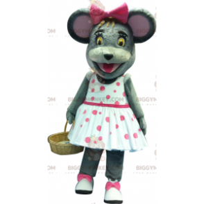 Kostým maskota šedé myši BIGGYMONKEY™ s puntíkovanými šaty –