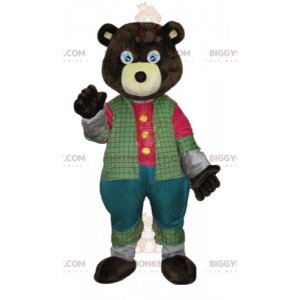 BIGGYMONKEY™ maskotkostume mørkebrun bjørn i farverigt outfit -