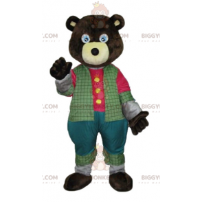 BIGGYMONKEY™ maskottiasu Tummanruskea karhu värikkäässä asussa