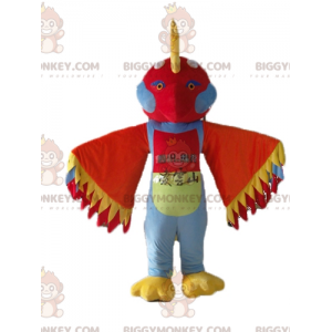 BIGGYMONKEY™ maskotkostume flerfarvet fugl med fjer på hovedet
