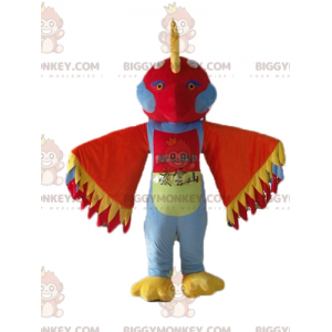 Traje de mascote BIGGYMONKEY™ pássaro multicolorido com penas