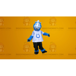 Traje de mascote azul branco e preto de cavalo BIGGYMONKEY™ –