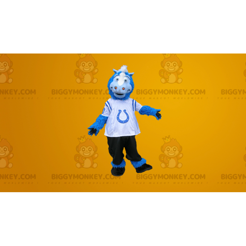 Traje de mascote azul branco e preto de cavalo BIGGYMONKEY™ –