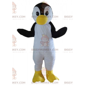 Kostým maskota tučňáka, černého bílého a žlutého ptáka