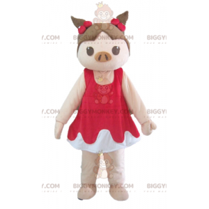 BIGGYMONKEY™ Mascot Costume Pink and Brown Pig in Red and White