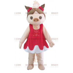 Traje de mascote BIGGYMONKEY™ Porco rosa e marrom em vestido