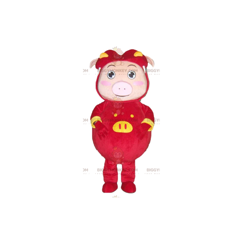 Costume de mascotte BIGGYMONKEY™ de cochon rose habillé d'un Costume de mascotte BIGGYMONKEY™ de cochon rose habillé d'un
