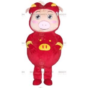 BIGGYMONKEY™ roze varken mascottekostuum gekleed in rood en geel kostuum - Varken mascottes - BiggyMonkey.com