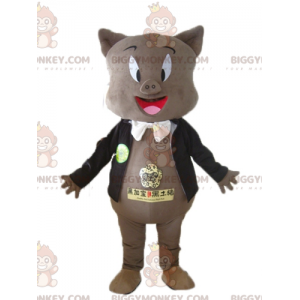 Costume de mascotte BIGGYMONKEY™ de cochon gris en veste noire