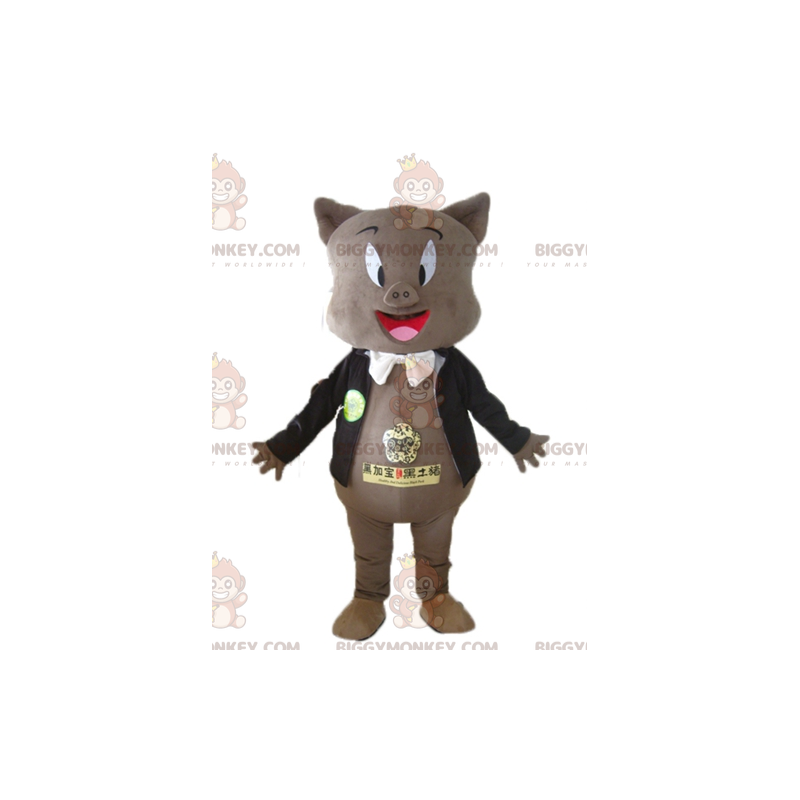 BIGGYMONKEY™ maskotkostume af grå gris i sort jakke og sløjfe - BIGGYMONKEY™ maskotkostume af grå gris i sort jakke og sløjfe -