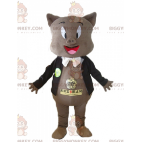 Traje de mascote BIGGYMONKEY™ de porco cinza com jaqueta preta e gravata borboleta - Mascotes de porco - BiggyMonkey.com