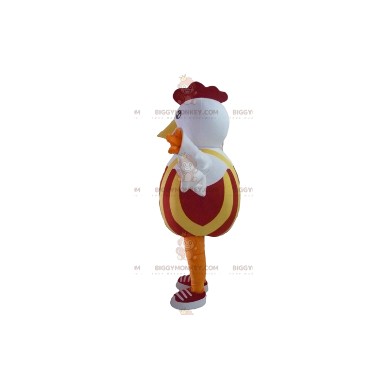 Κόκκινη και κίτρινη στολή μασκότ BIGGYMONKEY™ White Hen Rooster Κόκκινη και κίτρινη στολή μασκότ BIGGYMONKEY™ White Hen Rooster