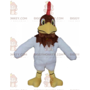 Καφέ και λευκός κόκορας με στολή μασκότ BIGGYMONKEY™ Red Crest - Μασκότ Κοτόπουλα - Πετεινές - Κοτόπουλα - BiggyMonkey.com