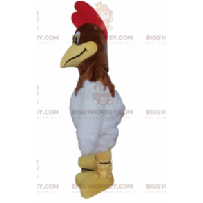 Traje de mascote BIGGYMONKEY™ de galo marrom e branco com
