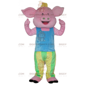 Pink Pig BIGGYMONKEY™ Mascot Costume in Blue Green and Yellow