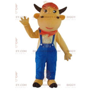 BIGGYMONKEY™ Brown Cow In Blue Overalls Mascot Costume -