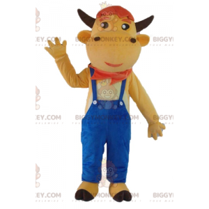 BIGGYMONKEY™ brun ko i blå overalls maskotkostume - Ko-maskoter - BIGGYMONKEY_02724 - BiggyMonkey.com