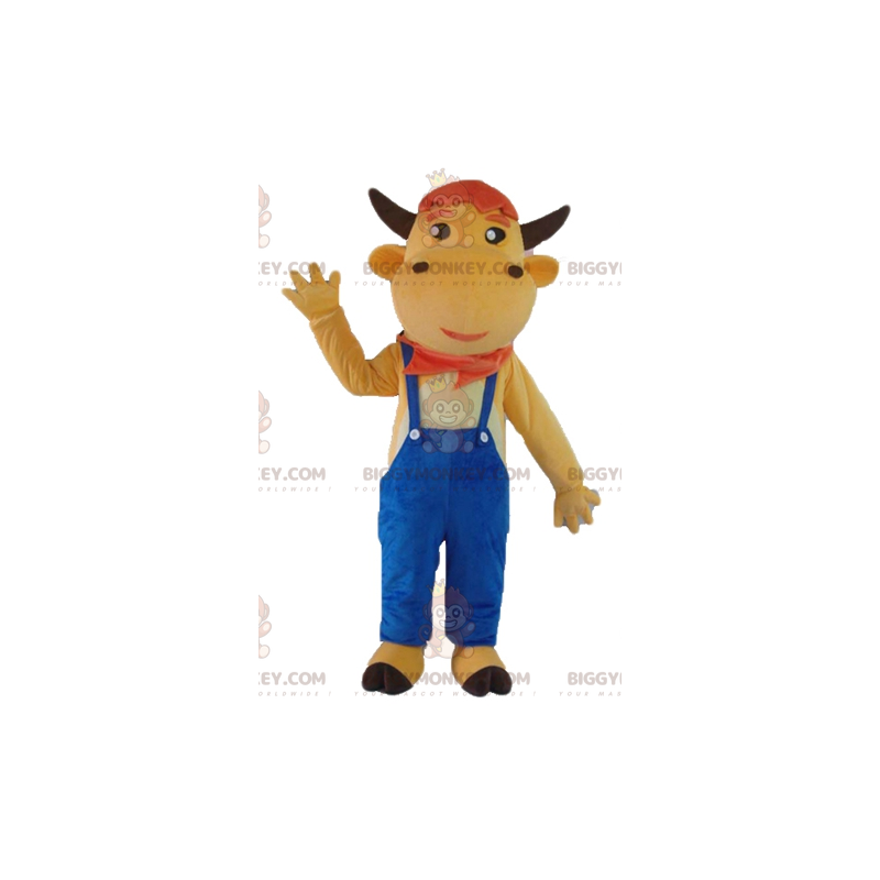 BIGGYMONKEY™ Costume da mascotte da mucca marrone con tuta blu BIGGYMONKEY™ Costume da mascotte da mucca marrone con tuta blu