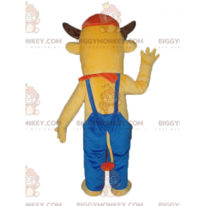 BIGGYMONKEY™ bruine koe in blauwe overall mascottekostuum -