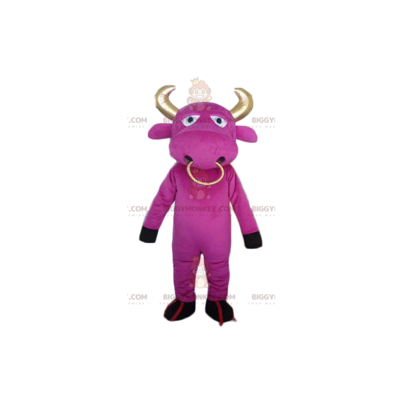 BIGGYMONKEY™ mascottekostuum roze koe met gouden hoorns en ring BIGGYMONKEY™ mascottekostuum roze koe met gouden hoorns en ring