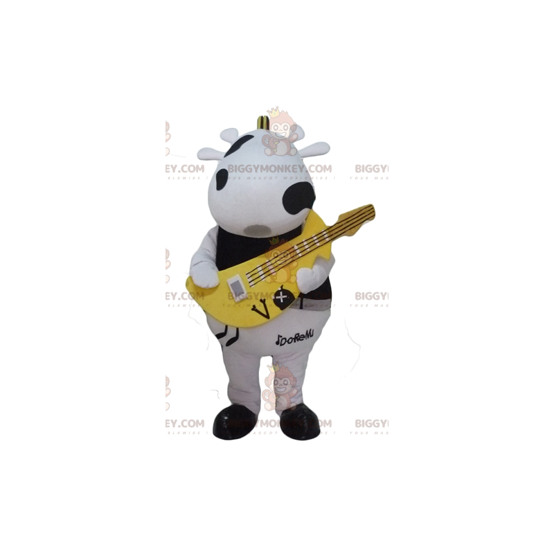 Traje de mascote BIGGYMONKEY™ Vaca preta e branca com guitarra Traje de mascote BIGGYMONKEY™ Vaca preta e branca com guitarra
