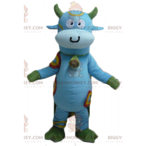 Blue and Green Cow BIGGYMONKEY™ Mascot Costume with Bell Around