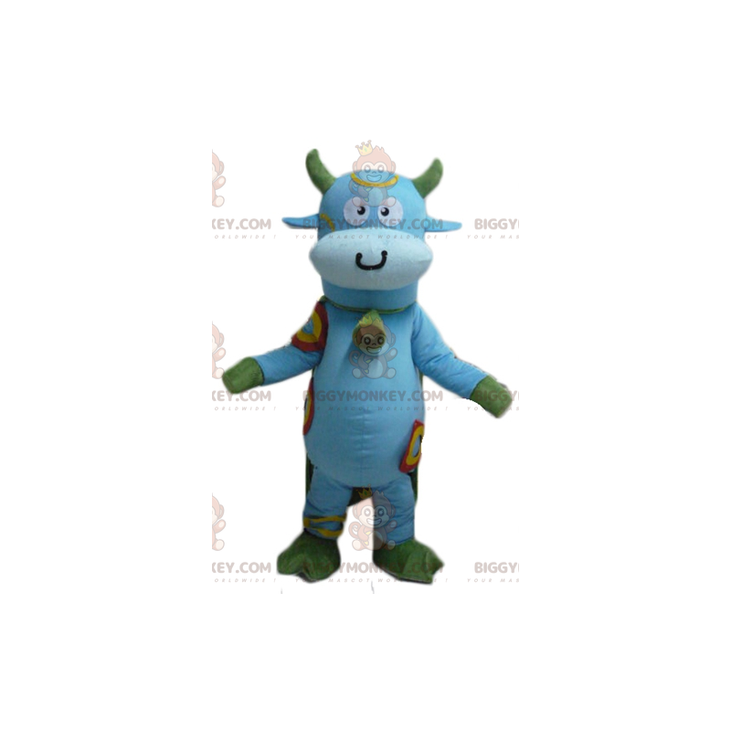 Blå och grön ko BIGGYMONKEY™ maskotdräkt med klocka runt halsen Blå och grön ko BIGGYMONKEY™ maskotdräkt med klocka runt halsen